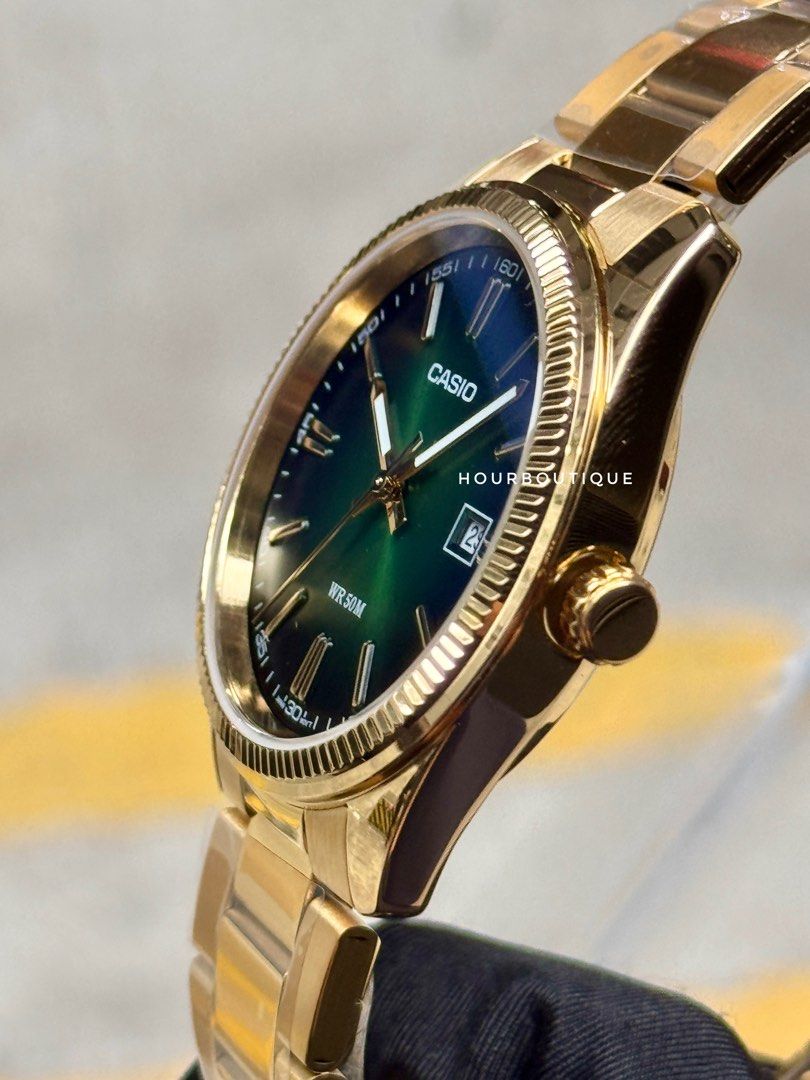 Brand New Casio PVD Gold Case with Green Dial Quartz Watch MTP-1302PGC-3AVEF