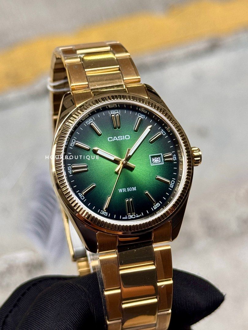 Brand New Casio PVD Gold Case with Green Dial Quartz Watch MTP-1302PGC-3AVEF