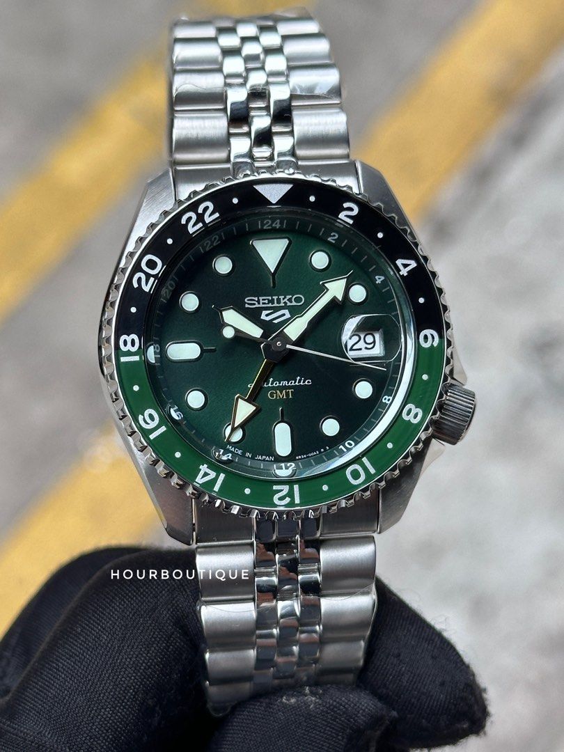 Brand New Made In Japan Seiko 5 Sprite Back Green Automatic GMT Watch SBSC019 SSK035K1