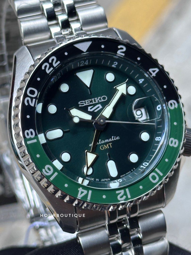 Brand New Made In Japan Seiko 5 Sprite Back Green Automatic GMT Watch SBSC019 SSK035K1