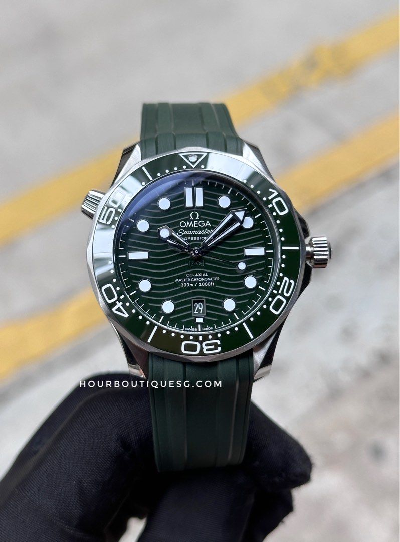 Brand New Omega SeaMaster 300 Green on Rubber Strap 210.32.42.20.10.001