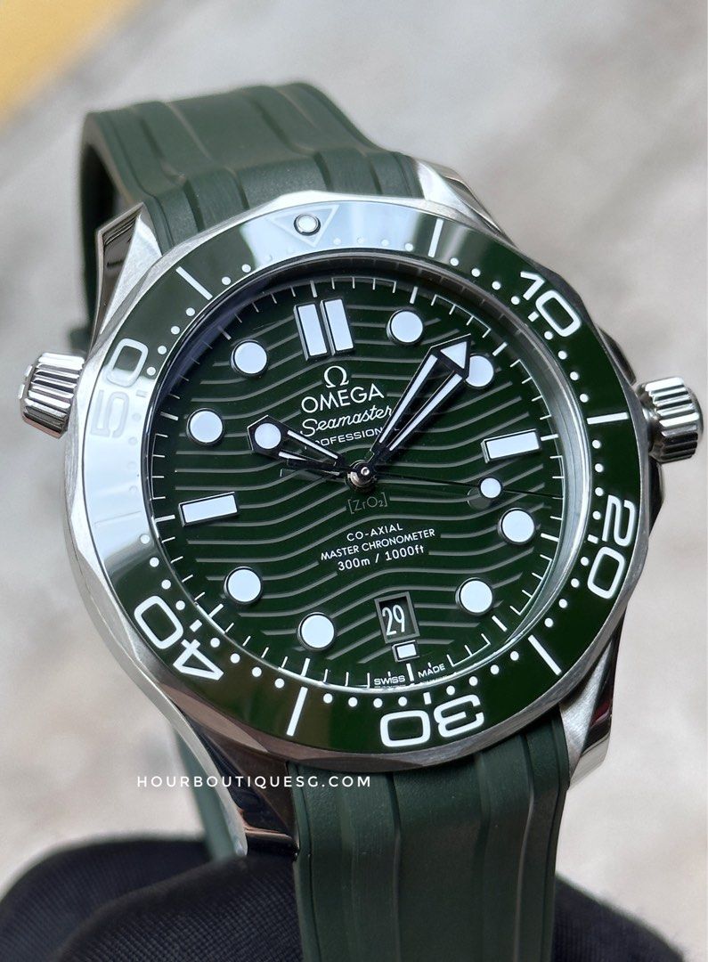 Brand New Omega SeaMaster 300 Green on Rubber Strap 210.32.42.20.10.001