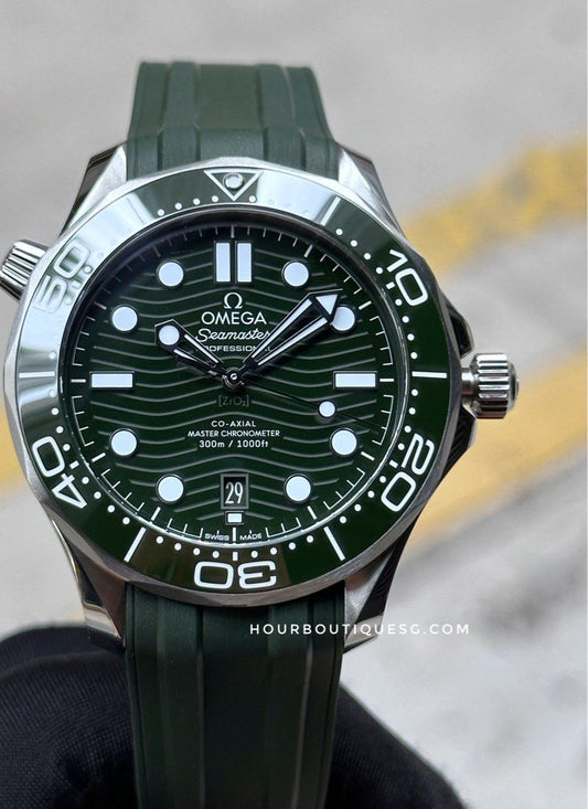 Brand New Omega SeaMaster 300 Green on Rubber Strap 210.32.42.20.10.001
