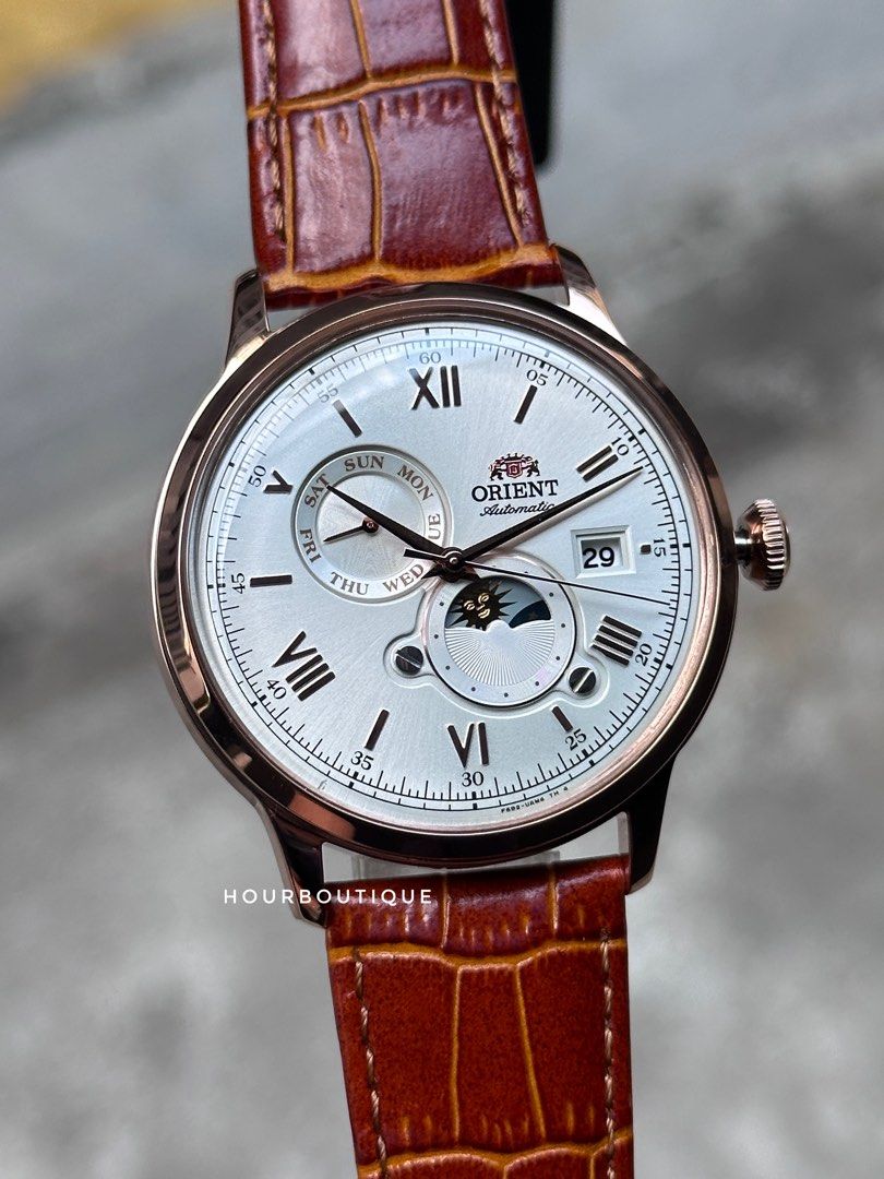 Brand New Orient Bambino Sun & Moon Rose Gold Case Automatic Men’s Watch RA-AK0801S