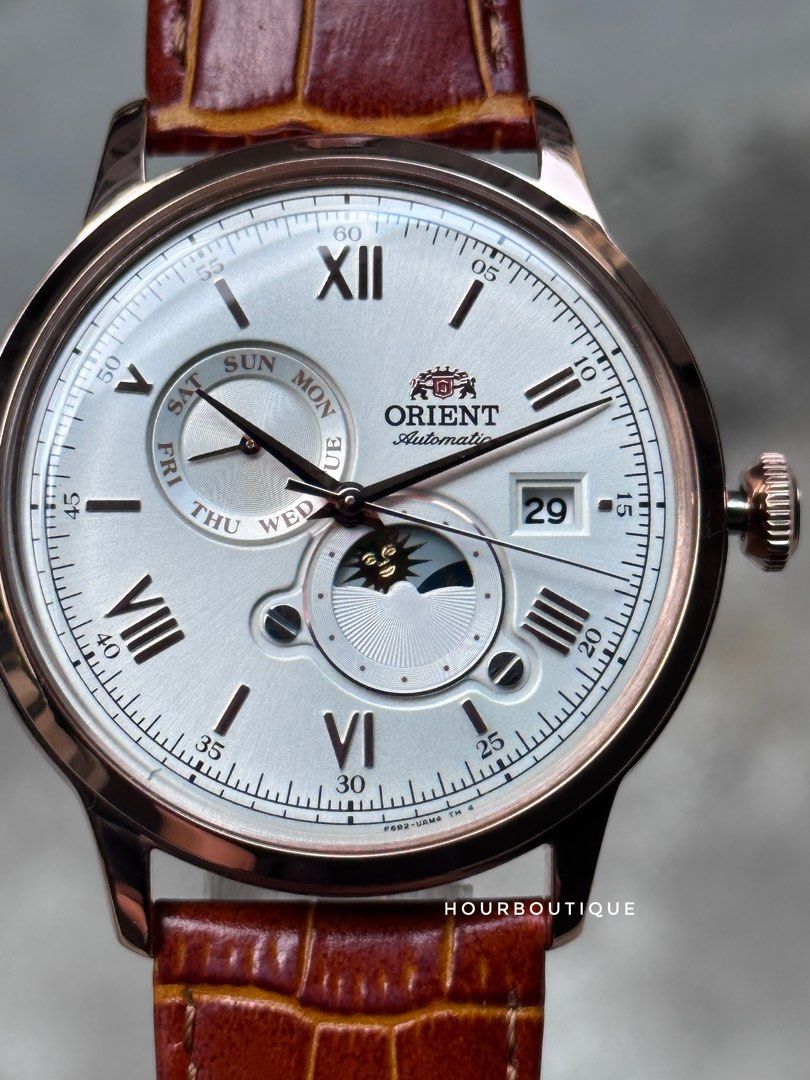 Brand New Orient Bambino Sun & Moon Rose Gold Case Automatic Men’s Watch RA-AK0801S