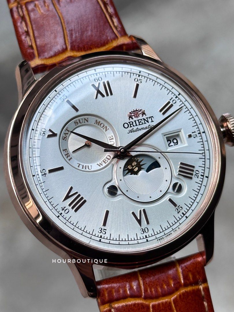 Brand New Orient Bambino Sun & Moon Rose Gold Case Automatic Men’s Watch RA-AK0801S