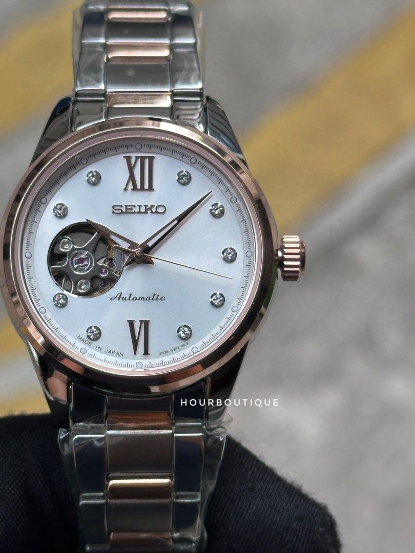 Brand New Seiko Presage Two Tone Rose Gold Open Heart Automatic Watch SSDE010