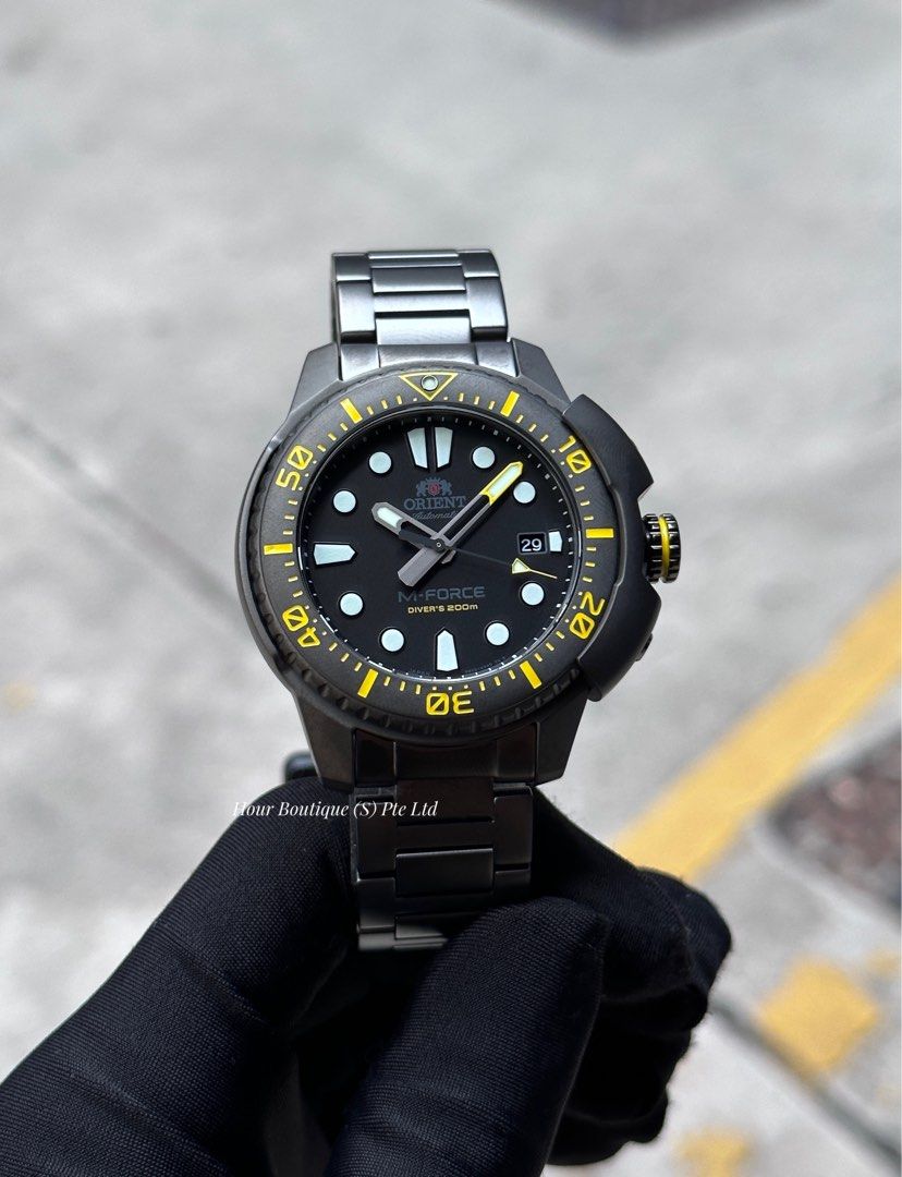 Orient M-Force Stealth Black with Yellow Index Men's Automatic Divers