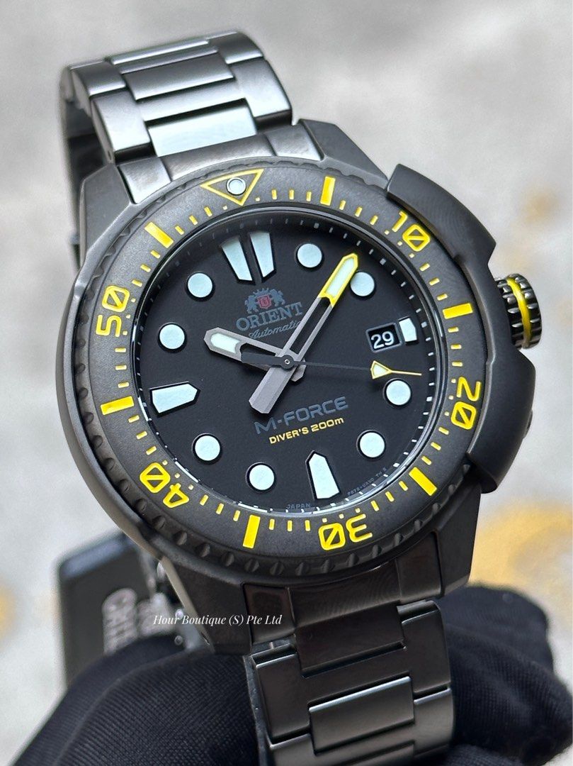 Orient M-Force Stealth Black with Yellow Index Men's Automatic Divers