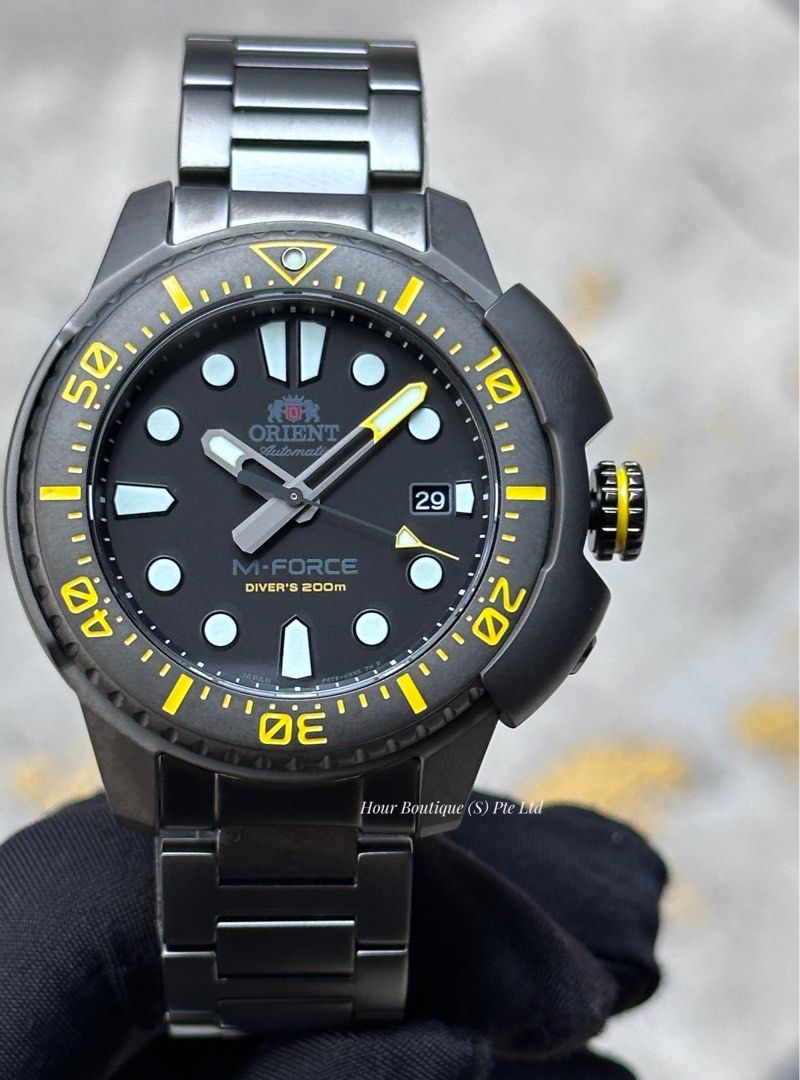 Orient M-Force Stealth Black with Yellow Index Men's Automatic Divers