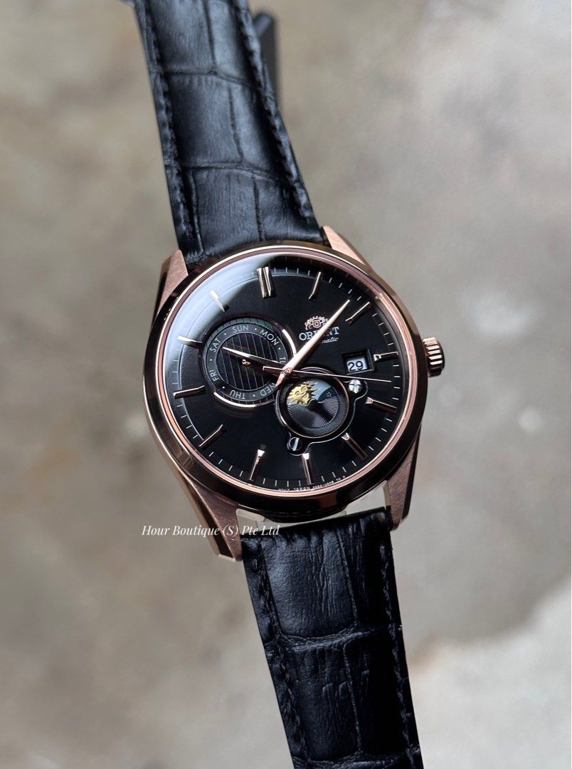 Brand New Orient Sun & Moon Rose Gold , Black Dial Men's Automatic Dress Watch RA-AK0309B