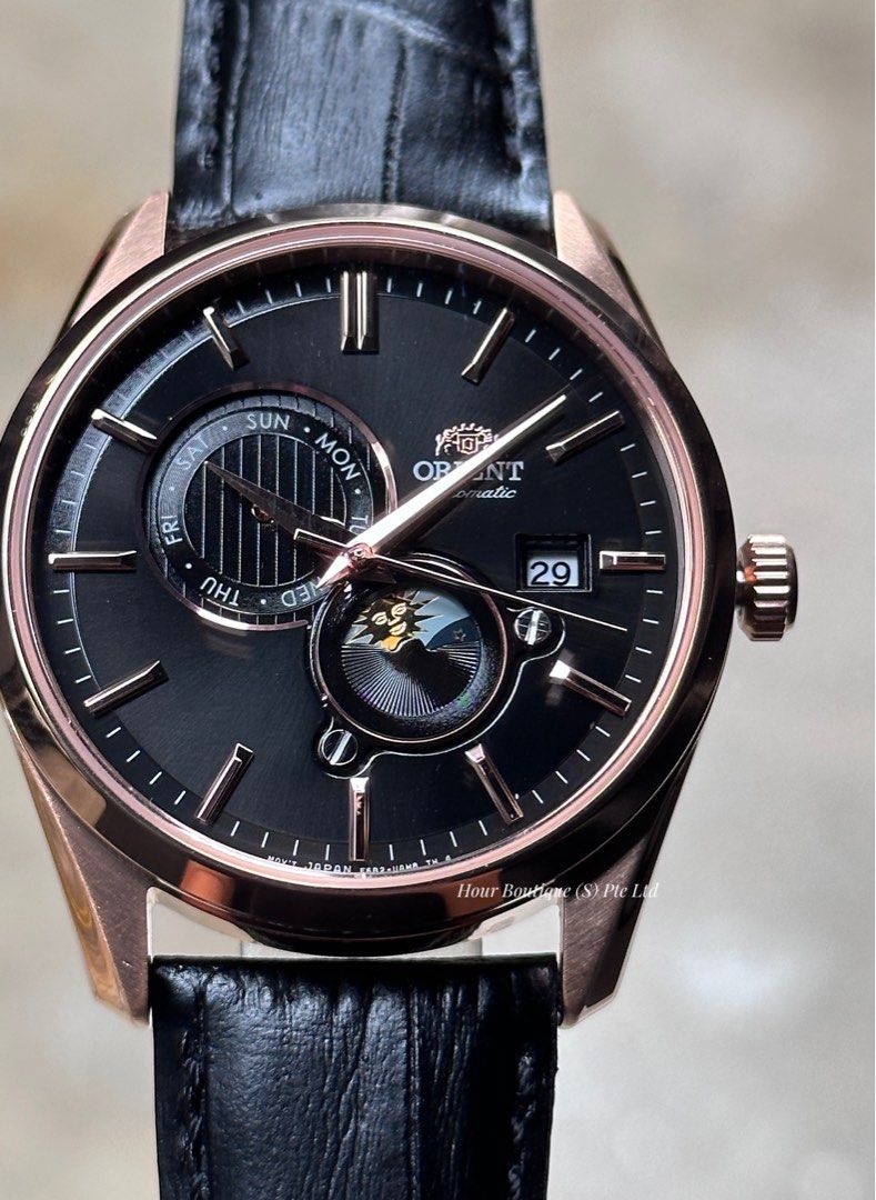 Brand New Orient Sun & Moon Rose Gold , Black Dial Men's Automatic Dress Watch RA-AK0309B