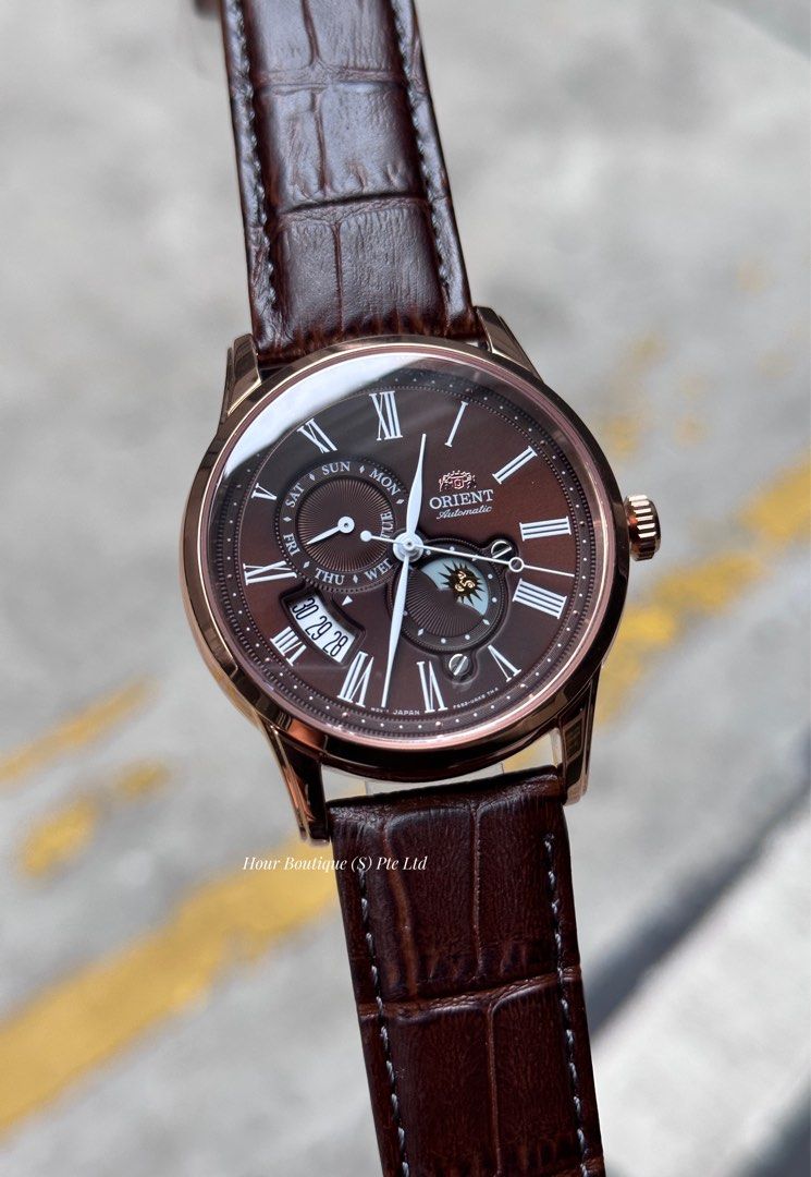 Brand New Orient Sun Moon Rose Gold Case with Chocolate Dial
