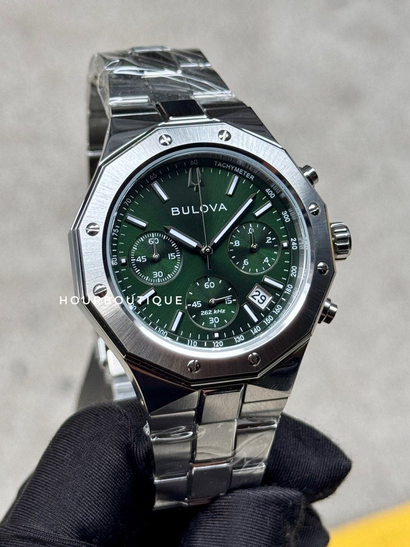 Brand New Bulova 262Khz Quartz Chronograph Green Dial Watch 96B409