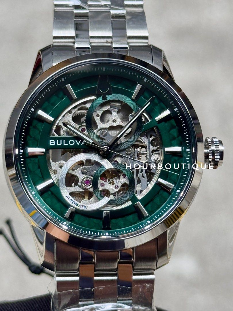 Brand New Bulova Green Dial Skeleton Automatic Watch 96A329