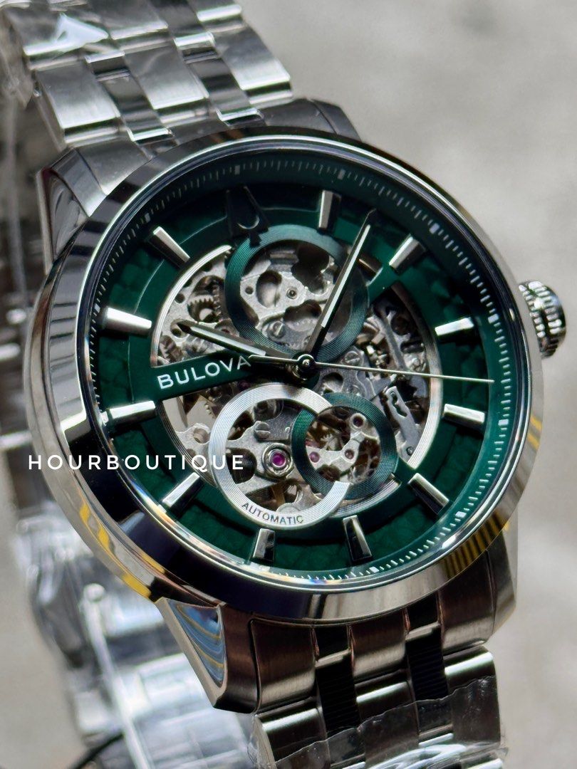 Brand New Bulova Green Dial Skeleton Automatic Watch 96A329
