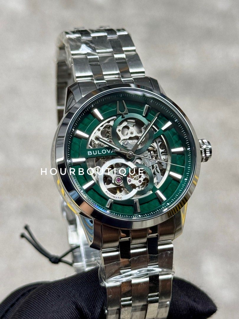 Brand New Bulova Green Dial Skeleton Automatic Watch 96A329