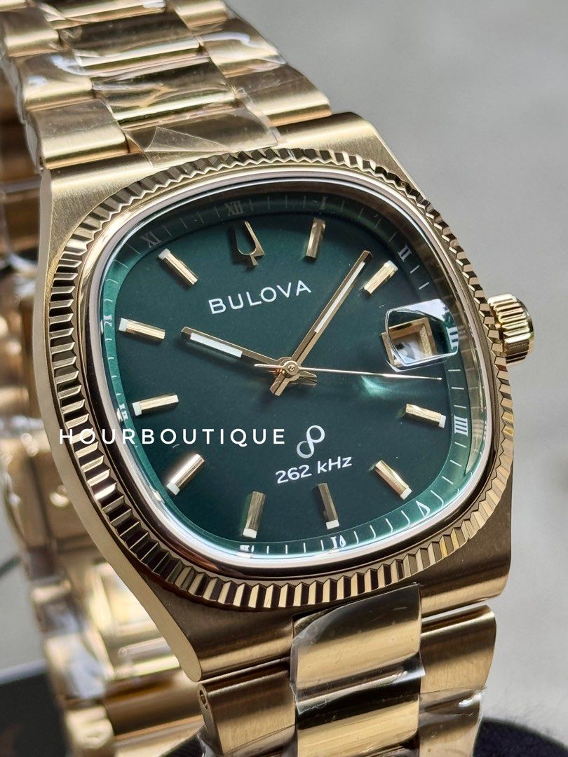 Brand New Bulova Super Seville Precisionist Quartz Sweeping Hands Movement Gold with Green Dial Watch 96B429