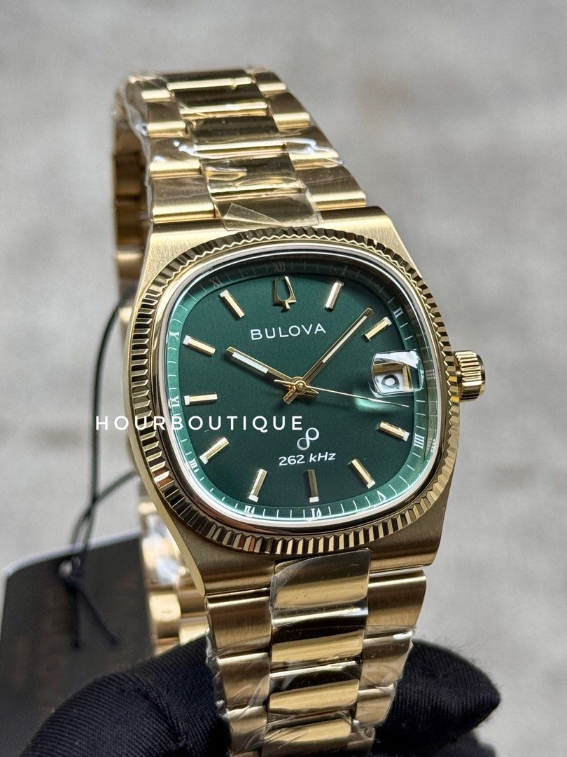 Brand New Bulova Super Seville Precisionist Quartz Sweeping Hands Movement Gold with Green Dial Watch 96B429