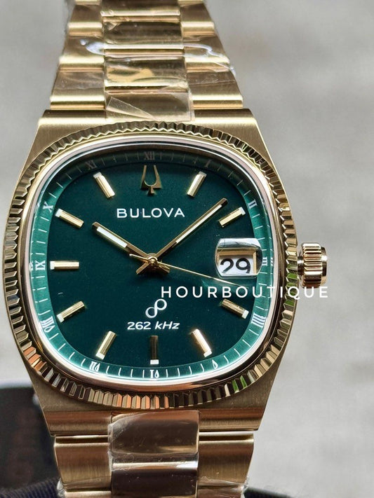 Brand New Bulova Super Seville Precisionist Quartz Sweeping Hands Movement Gold with Green Dial Watch 96B429