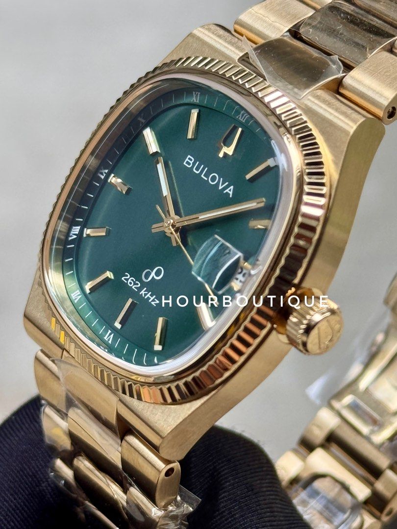Brand New Bulova Super Seville Precisionist Quartz Sweeping Hands Movement Gold with Green Dial Watch 96B429