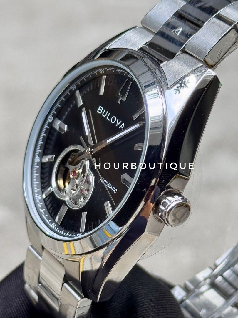 Brand New Bulova Surveyor Black Dial Open Heart Automatic Watch 96A270