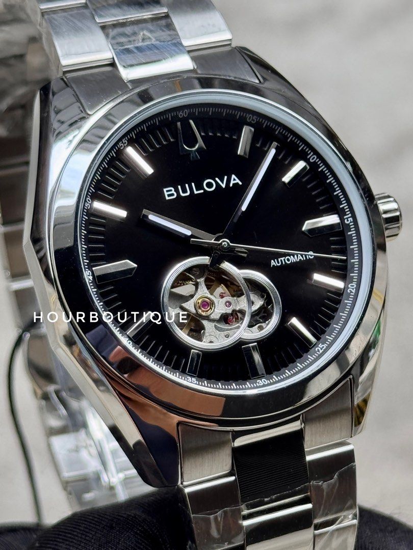Brand New Bulova Surveyor Black Dial Open Heart Automatic Watch 96A270