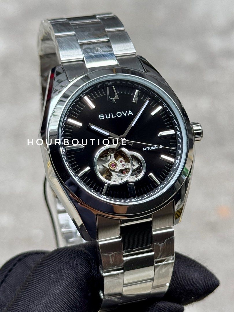 Brand New Bulova Surveyor Black Dial Open Heart Automatic Watch 96A270