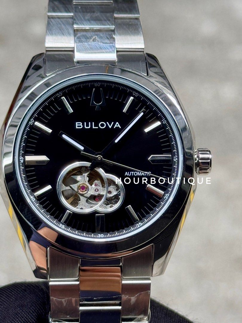 Brand New Bulova Surveyor Black Dial Open Heart Automatic Watch 96A270