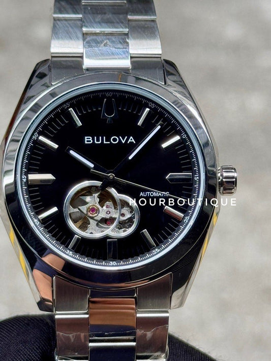 Brand New Bulova Surveyor Black Dial Open Heart Automatic Watch 96A270