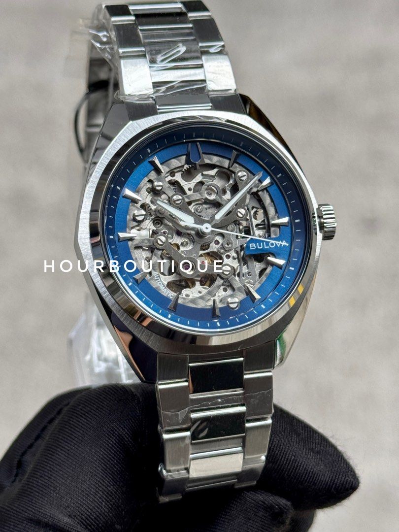 Brand New Bulova Surveyor Blue Skeleton Automatic Watch 96A292