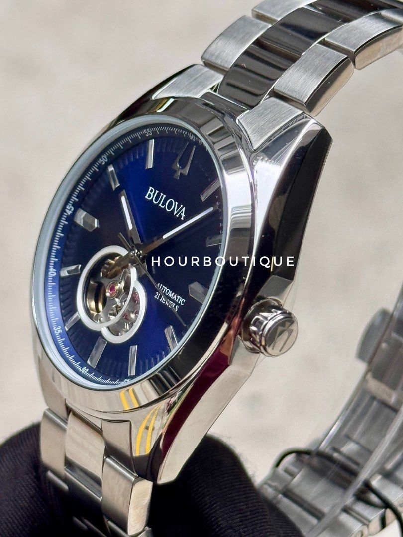 Brand New Bulova Surveyor Blue Open Heart Automatic Watch 96A275