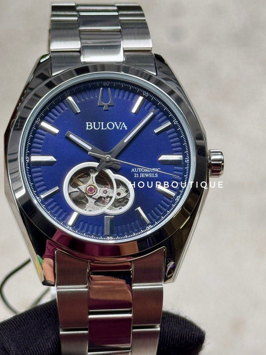 Brand New Bulova Surveyor Blue Open Heart Automatic Watch 96A275