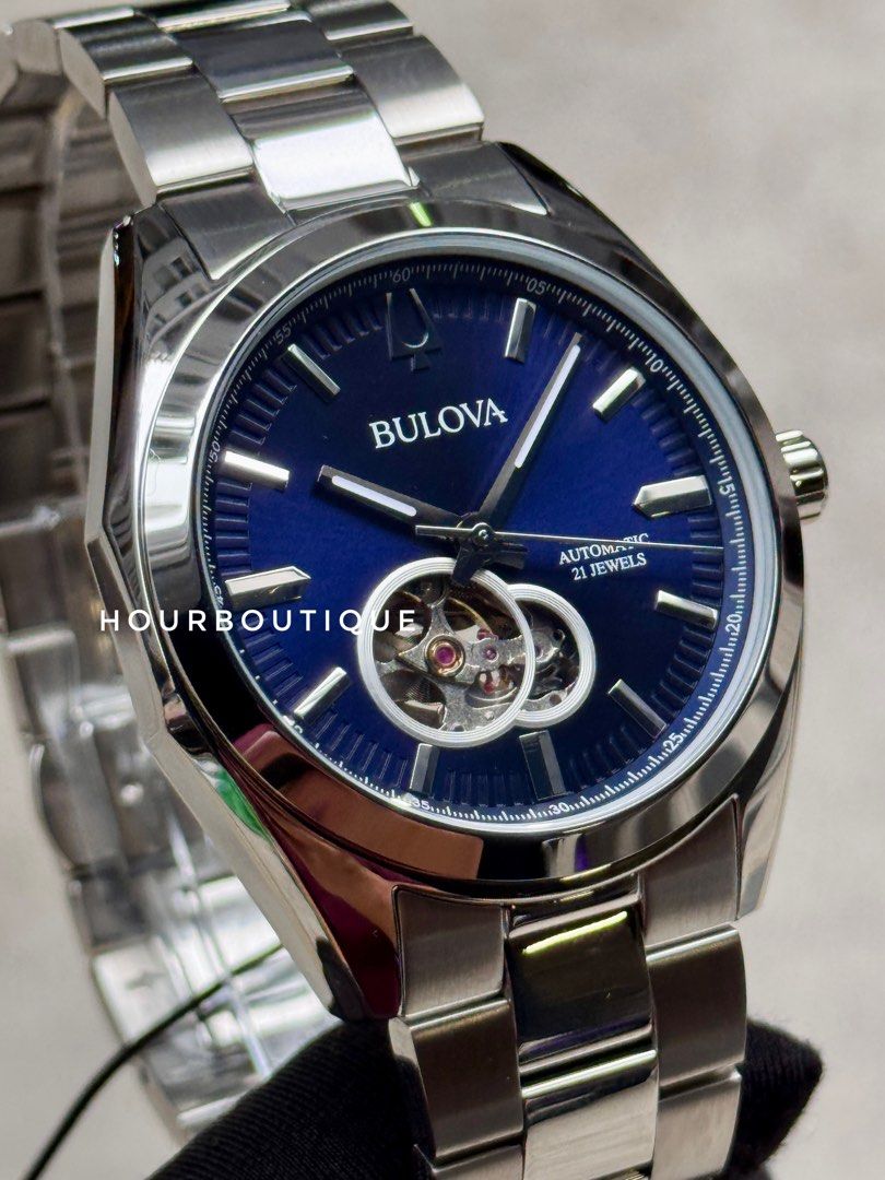 Brand New Bulova Surveyor Blue Open Heart Automatic Watch 96A275