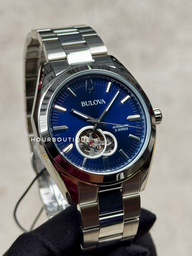 Brand New Bulova Surveyor Blue Open Heart Automatic Watch 96A275