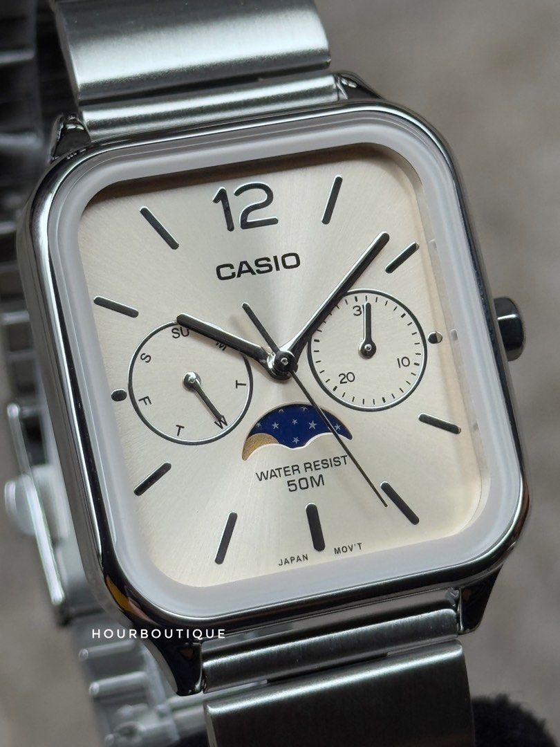Brand New Casio Cream Dial Moon Phase Rectangular Quartz Watch MTP-M305D-9AVDF