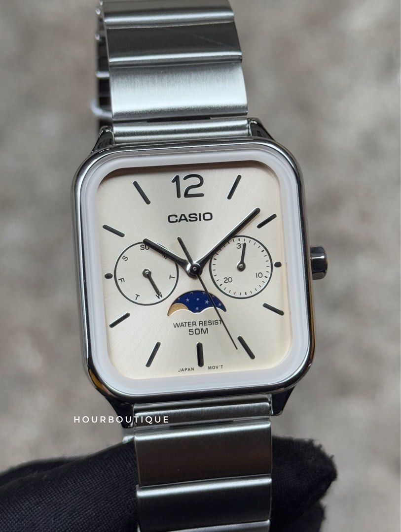Brand New Casio Cream Dial Moon Phase Rectangular Quartz Watch MTP-M305D-9AVDF