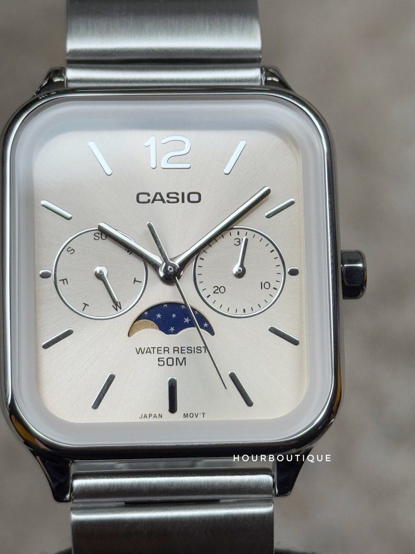 Brand New Casio Cream Dial Moon Phase Rectangular Quartz Watch MTP-M305D-9AVDF