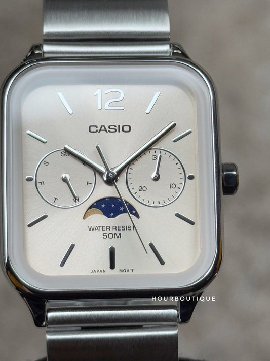Brand New Casio Cream Dial Moon Phase Rectangular Quartz Watch MTP-M305D-9AVDF