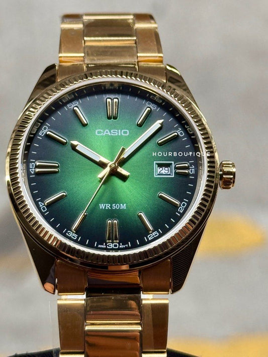 Brand New Casio PVD Gold Case with Green Dial Quartz Watch MTP-1302PGC-3AVEF