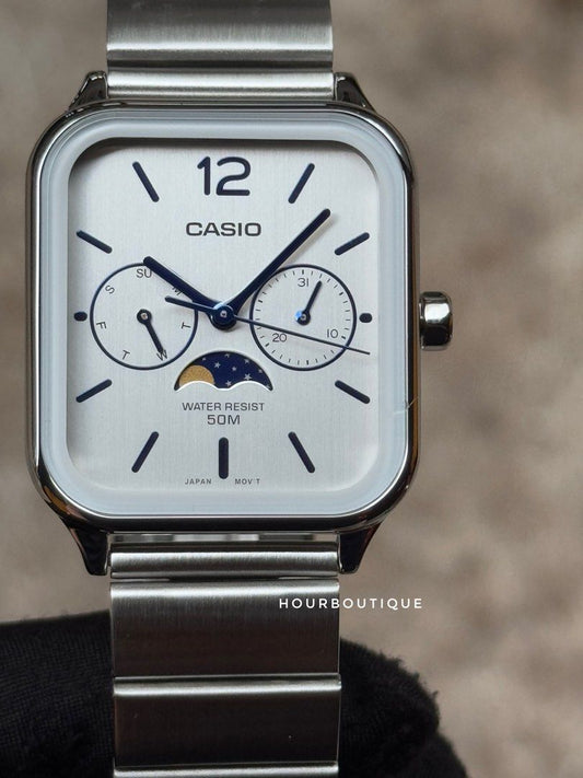 Brand New Casio Rectangular Moon Phase White Dial Quartz Watch MTP-M305D-7AVDF