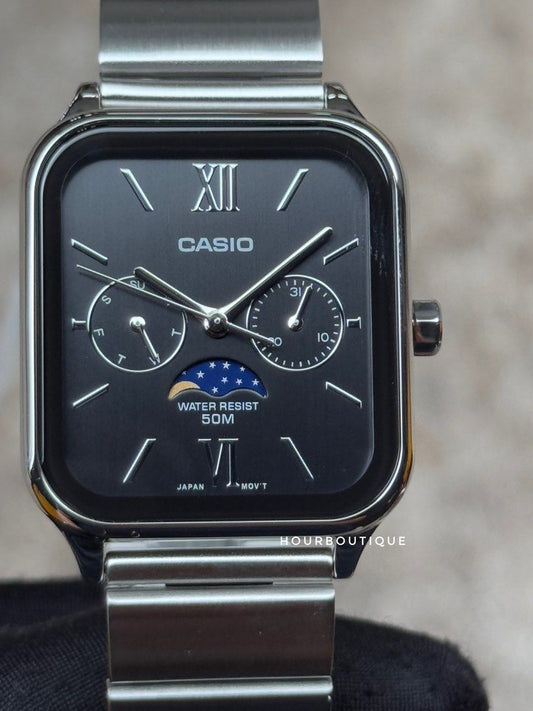 Brand New Casio Rectangular Moon Phase Black Dial Roman Index Quartz Watch MTP-M305D-1A2VDF