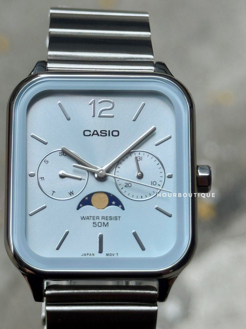 Brand New Casio Rectangular MoonPhase Sky Blue Dial Quartz Watch MTP-M305D-2