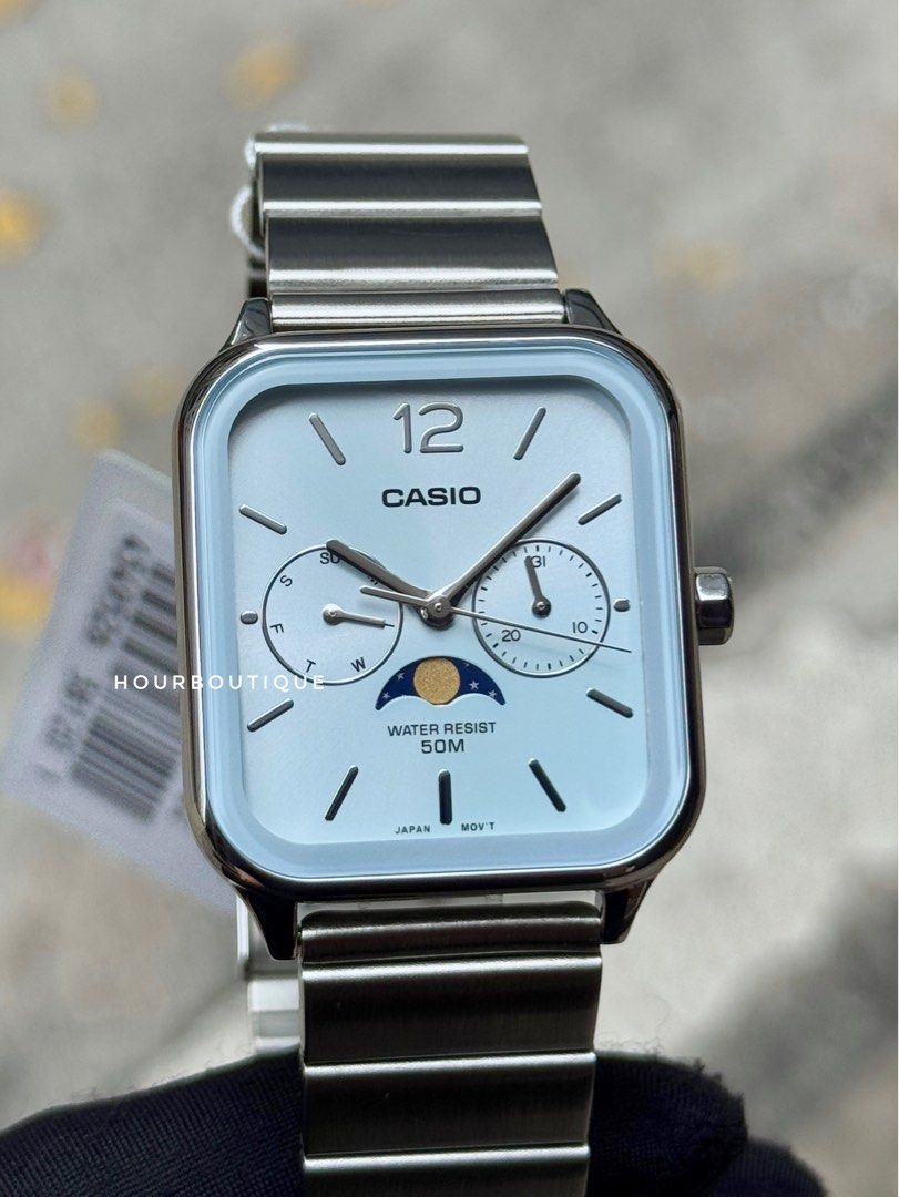 Brand New Casio Rectangular MoonPhase Sky Blue Dial Quartz Watch MTP-M305D-2