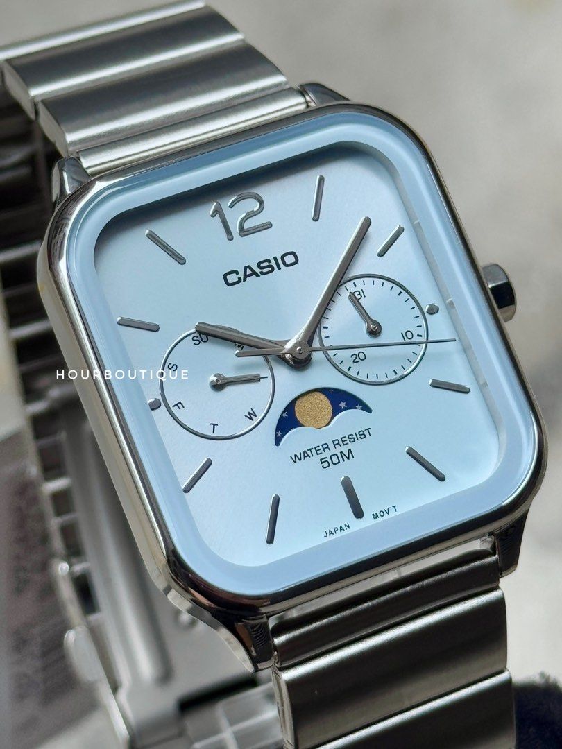 Brand New Casio Rectangular MoonPhase Sky Blue Dial Quartz Watch MTP-M305D-2