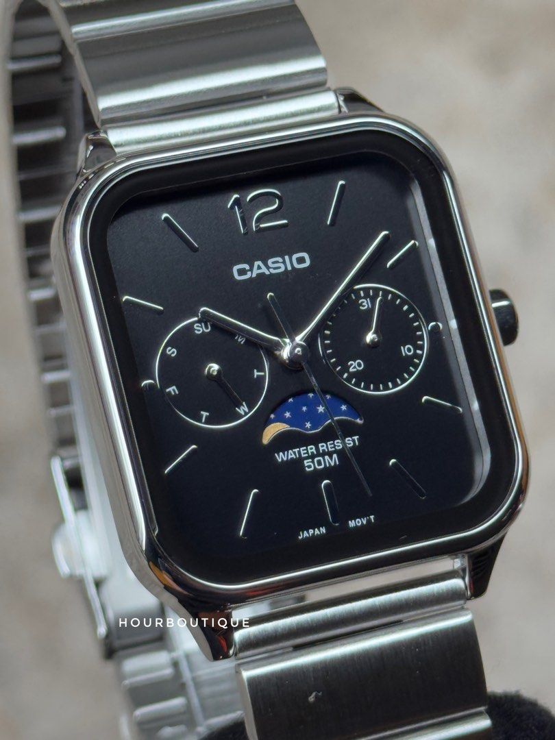 Brand New Casio Rectangular Black Dial Analog Watch with MoonPhase Function MTP-M305D-1AVDF