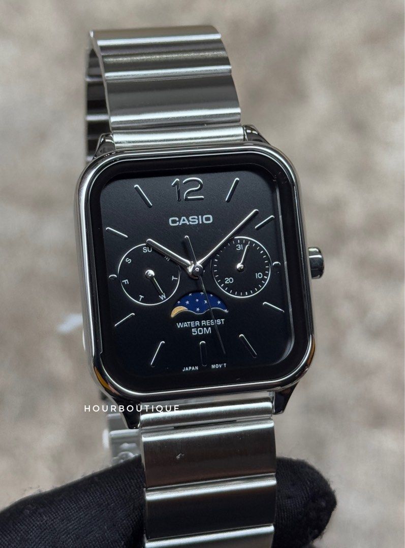 Brand New Casio Rectangular Black Dial Analog Watch with MoonPhase Function MTP-M305D-1AVDF