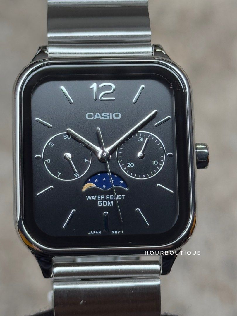 Brand New Casio Rectangular Black Dial Analog Watch with MoonPhase Function MTP-M305D-1AVDF