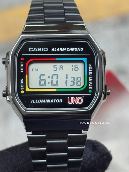 Brand New Casio X UNO Collaboration Vintage Style Digital Watch A168WEUC-1A