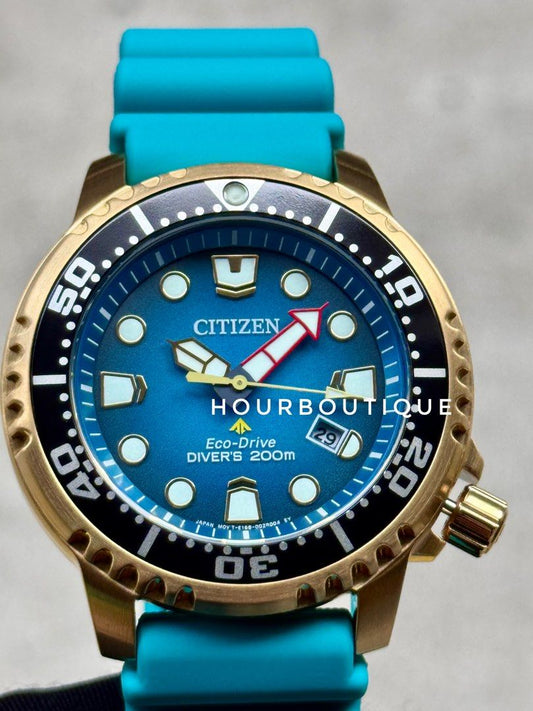 Brand New Citizen ProMaster Blue Dial, Gold Case Mens Eco-Drive Divers Watch BN1062-02X